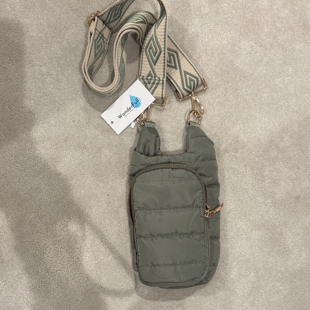 Green Quilted Crossbody Waterbottle Holder Bag with Patterned Strap